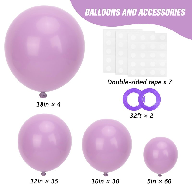 RUBFAC Dusty Purple Balloons 129pcs Different Sizes Pack of 18 12 10 5 Inch, Latex Light Lavender Lilac Purple Balloon Garland Arch Kit for Wedding Baby Shower Gender Reveal Birthday Party