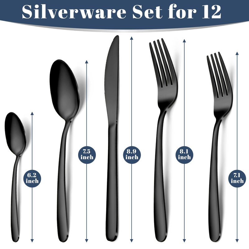 Hunnycook 60-Piece Black Silverware Set - Stainless Steel Silverware Set for 12, Includes Forks Spoons and Knives, Utensil Sets for Home Kitchen Restaurant, Dishwasher Safe