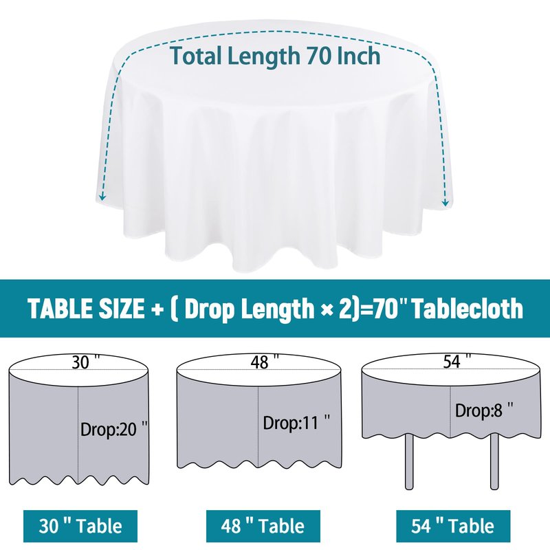 Kesfey 6 Packs Round Tablecloth 70 Inches White Polyester Table Cloths Stain and Wrinkle Resistant Tablecloths for Round Tables Washable Circle Fabric Tablecovers for Wedding Camping Banquet Parties