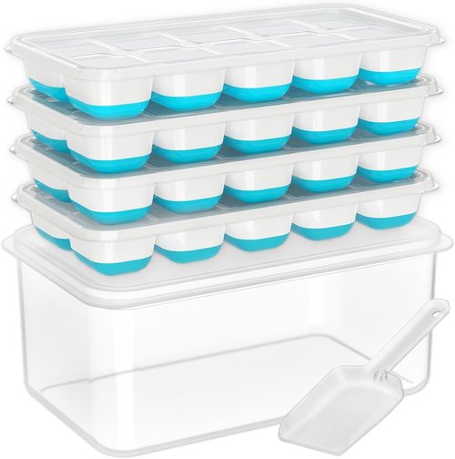 DOQAUS Ice Cube Tray - Stackable Silicone Trays with Lid & Bin for Freezer | 4 Pack with Scoop