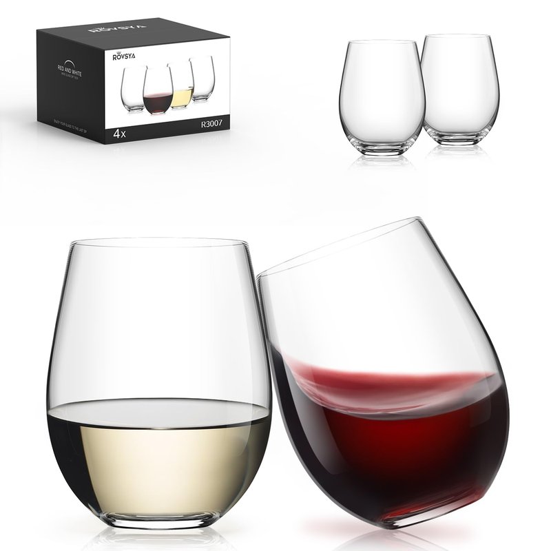 LUNA & MANTHA Stemless Wine Glasses, Crystal Red White Wine Glasses for Daily Use, Hosting, Home Bar, Evening Party, Birthdays, Shower, Housewarming Gift,Clear set of 4,15oz (4 Count)
