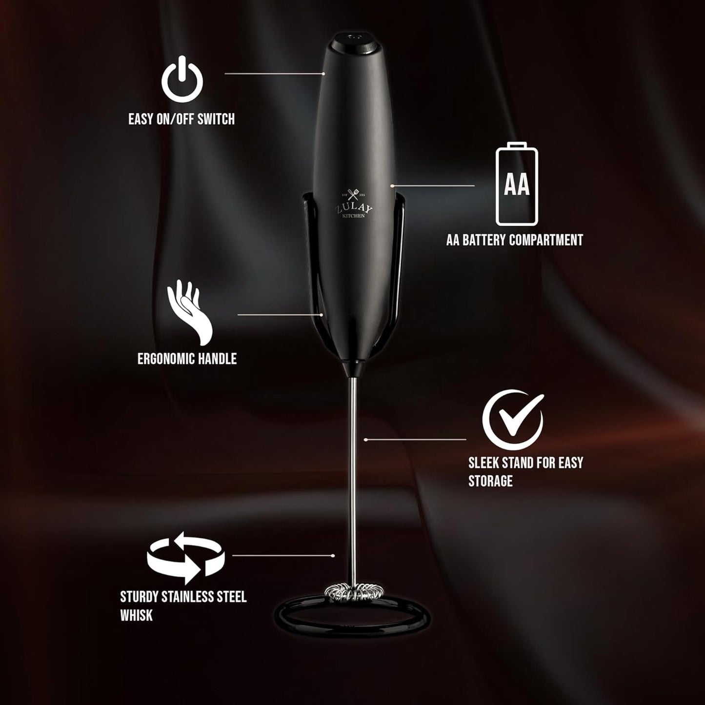 Zulay Kitchen Milk Frother Wand - Upgraded Stand for Perfect Foam - Ideal Gift for Coffee Lovers