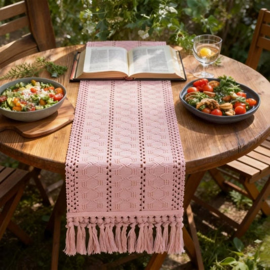Socomi Boho Table Runner Easter Spring Farmhouse Rustic Dining Kitchen Centerpiece Decor Small Macrame Woven Cotton Linen Coffee Table Runner for Dresser Scarf Home Decor 12x36 in Pink