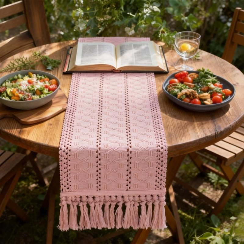 Socomi Boho Table Runner Summer Farmhouse Rustic Dining Kitchen Centerpiece Decor Small Macrame Woven Cotton Linen Coffee Table Runner for Dresser Scarf Home Decor 12x60 in Pink