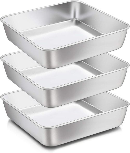 E-far 8 x 8-Inch Baking Pan Set - Stainless Steel Square Cake & Brownie Bakeware | Dishwasher Safe