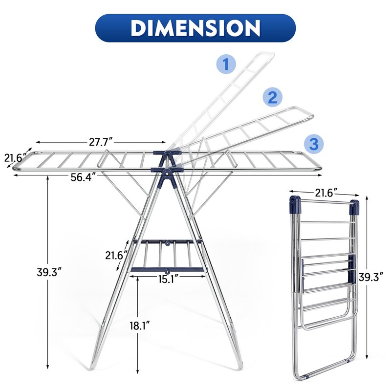 APEXCHASER Clothes Drying Rack, Stainless Steel Drying Rack Clothing with Height-Adjustable, Foldable Gullwings Laundry Drying Rack, Indoor Outdoor Use, No Assembly