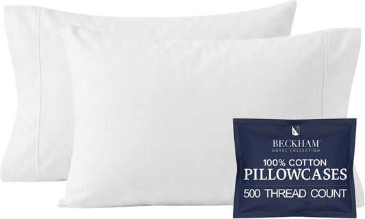 Beckham Hotel Collection Pillowcases - Queen Size Set of 2 | Silky Smooth 500TC Cotton Sateen, Cool Touch, White