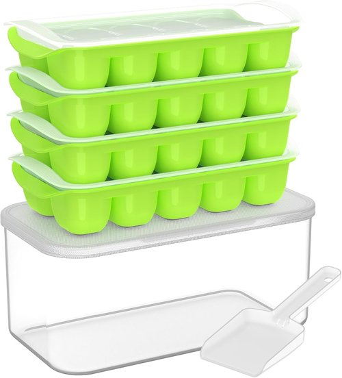 DOQAUS Ice Cube Tray - 4 Pack Stackable Silicone Trays with Lid & Bin | BPA Free for Easy Ice Release