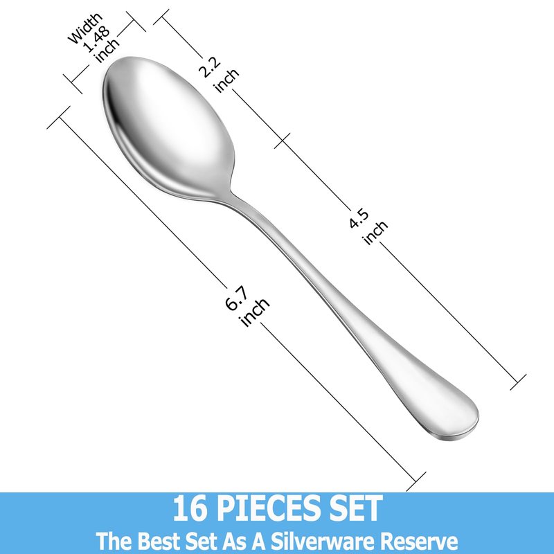Teaspoon Set,16 Piece 6.7" Spoons Silverware, Premium Food Grade Stainless Steel Tea Spoons, Durable Small Spoon, Good Teaspoons, Kitchen Dessert Spoon Set, Mirror Finish & Dishwasher Safe