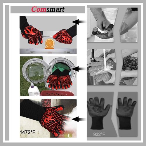 Comsmart BBQ Gloves - 1472°F Heat Resistant Silicone Grilling Gloves | Non-Slip Long Kitchen Gloves