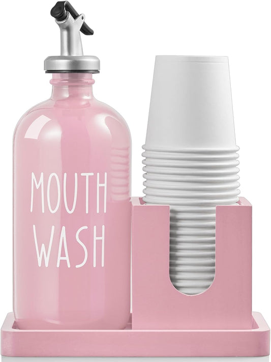 Skiennix Glass Mouthwash Dispenser - 16 OZ with Pour Spout & Wood Cup Holder | Pink Farmhouse Decor