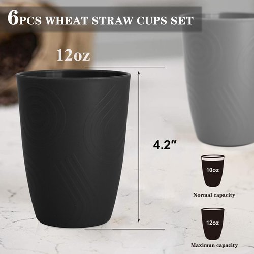 Homienly Wheat Straw Cups Drinking Glasses Set of 6, Unbreakable Plastic Cups Reusable Cups for Kitchen Camping Picnic Dorm Microwave and Dishwasher Safe Water Glasses Drinking Set 12 OZ - GreyStone