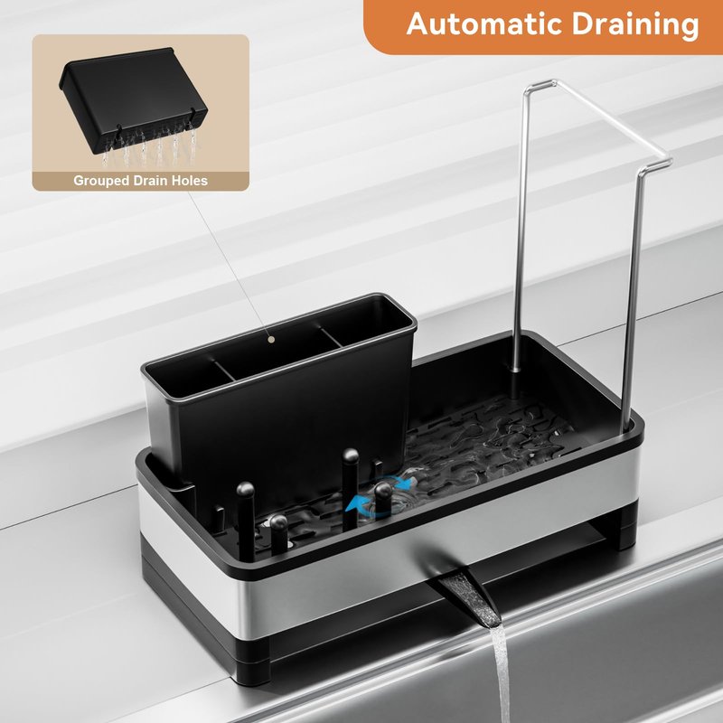 Laveshop Sponge Holder for Kitchen Sink, Rustproof Stainless Steel Sink Caddy with Auto-Drain, Removable Brush Holders, Soap and Dishcloth Organizer, Black