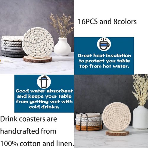 Cotton Drink Coasters with Metal Holder, 16 Pcs Boho Woven Absorbent Coaster Set 8 Colors Heat Resistant Coasters for Home Decor Resterant Bar Tabletop Protect