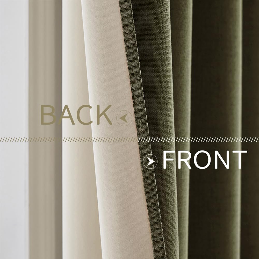 MIULEE Blackout Curtains - 100% Thermal Insulated Linen Texture Drapes | Light Olive Green, 52x63 Inch (2 Panels)