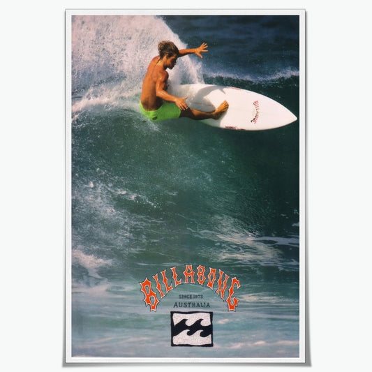 Vintage Billabong Surfing Poster 1990 Classic Surf Wall Art Wave Rider Coastal Canvas Print Retro Ocean Sports Australia Beach for Surfer Home Office Living Room Decor 12x18inch Unframed