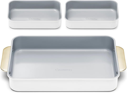Caraway Nonstick Baking Pan Set - 2x 9" x 6.5" & 1x 9" x 13" - Non-Toxic, PTFE & PFOA Free - Durable Aluminized Steel Core - White