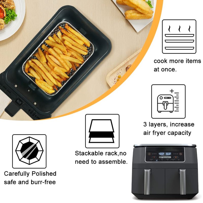 BYKITCHEN Air Fryer Rack for Ninja 8 QT DZ201/ SL201 DualZone Airfryer/Bella 4QT Slim Airfryer&More, 3pcs Stackable Stainless Steel Dehydrator Rack with Silicone Feet, Ninja Air Fryer Accessories