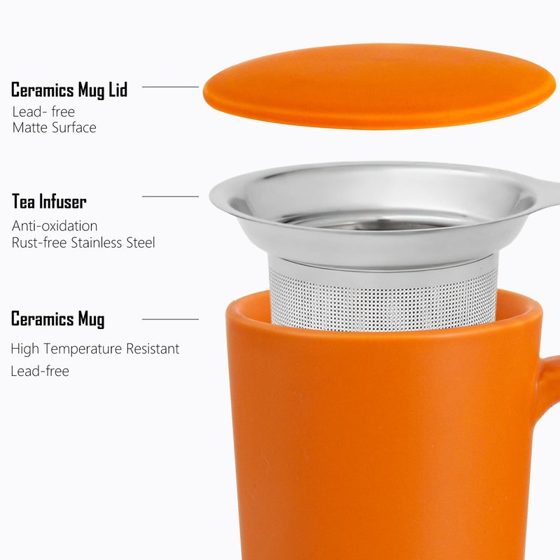 Tea Cup with Infuser and Lid, 20oz Tea Mug with Handle for Steeping Loose Leaf Tea, Dishwasher and Microwave Safe, Ceramic Tea Strainer Cup Gifts for Tea Lovers, Orange