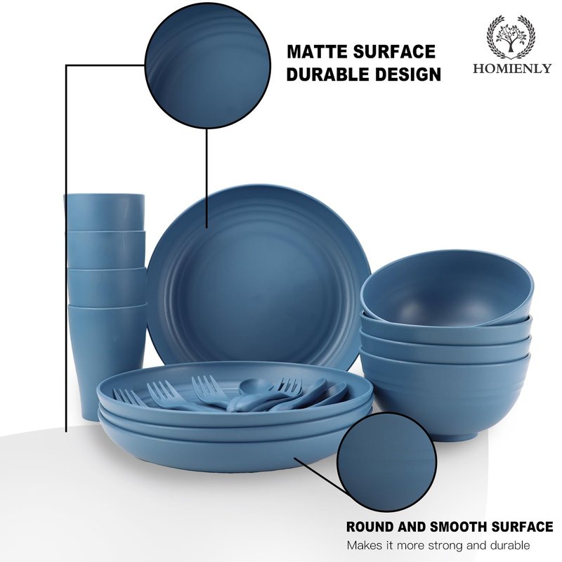 Wheat Straw Dinnerware Sets, Homienly 20pcs Unbreakable Microwave Dishwasher Safe Tableware Lightweight Bowls, Cups, Plates Set Reusable Dinner Plates Bowls set (Blue)