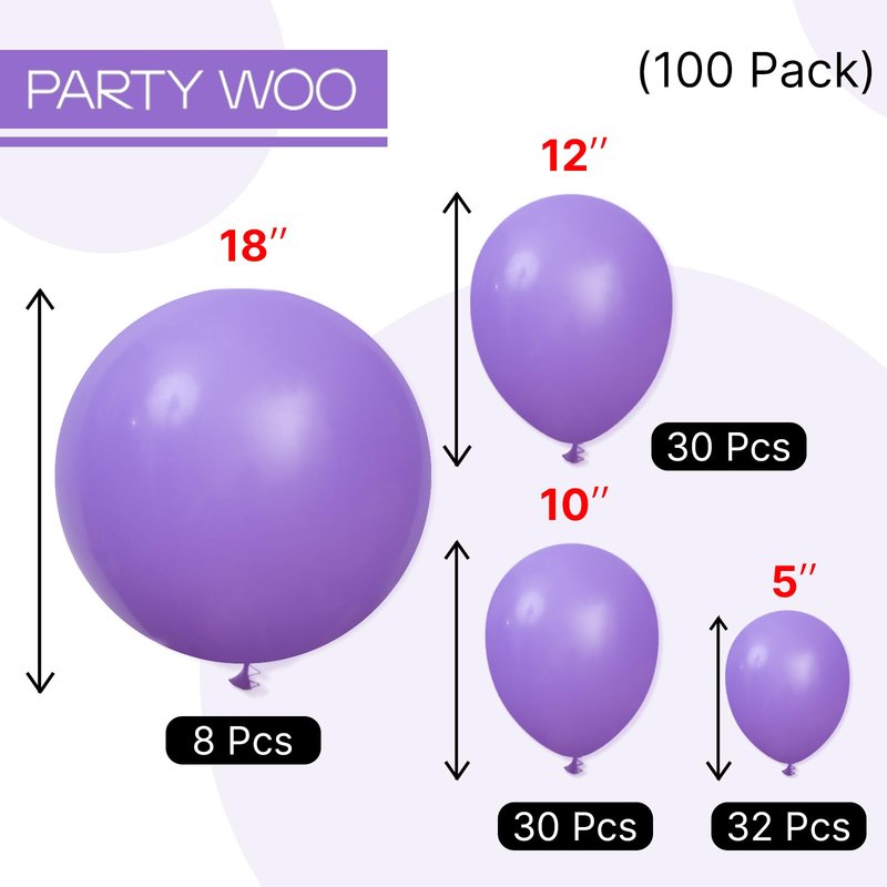 PartyWoo Purple Balloons 100pcs Different Sizes of 18 12 10 5 Inch Purple Balloon Arch Kit Garland for Birthday Engagement Wedding Bachelorette Bridal Shower Butterfly Party Decorations Purple-Y15