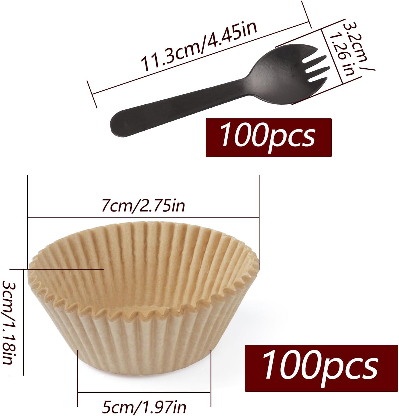 Skiennix 100PCS Natural Cupcake Liners - Eco-Friendly Baking Cups with 100 Plastic Spoons | Small Size