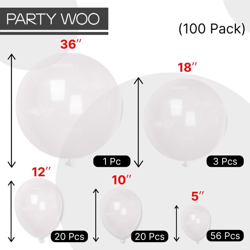PartyWoo Clear Balloons 100pcs Different Sizes of 36 18 12 10 5 Inch Transparent Balloon Arch Kit for Graduation Wedding Baby Shower Bridal Shower Anniversary Birthday Party Decorations Clear-Y2