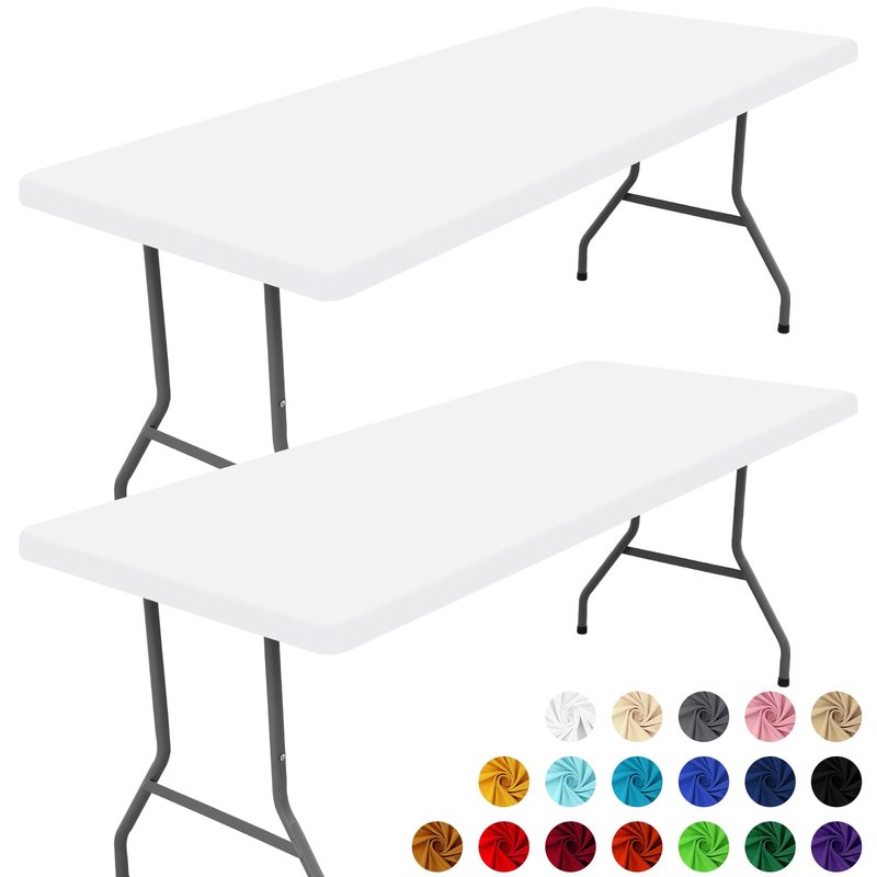 Moosfor Spandex 6 Foot Rectangle Table Cloth 2 Pack, Elastic Fitted Tablecloths for Picnic, Stretch Washable Patio Table Cover for Outdoor, Camping, Banquet and Parties (White, 30"x72")