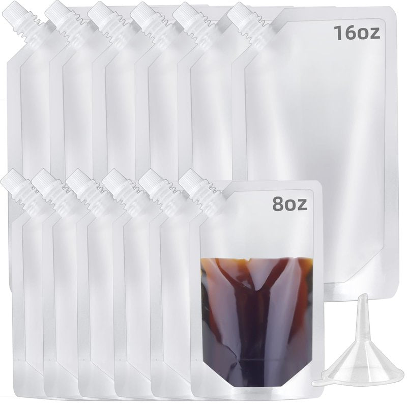 12Pcs Plastic Flasks,Drink Pouches,Reusable Pouches,Water Pouch,Liquid Pouches,Soft Flask for Outdoor Sports,Concerts,Events（8OZx6-16OZx6+ 1 Funnels)