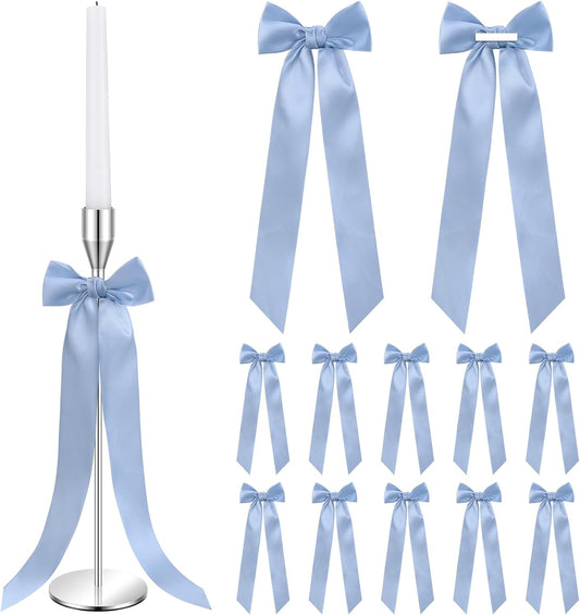 Teenyyou 12 Pcs Dusty Blue Candlestick Bows - 13 Inch Large Coquette Table Decor for Weddings & Parties