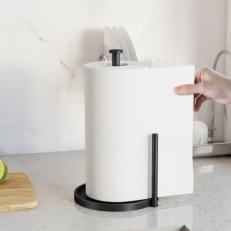 Paper Towel Holder Countertop, Stainless Steel Paper Towel Holder for Kitchen Roll Dispenser, Freestanding Paper Towel Holders with EVA Non Slip Base, Black
