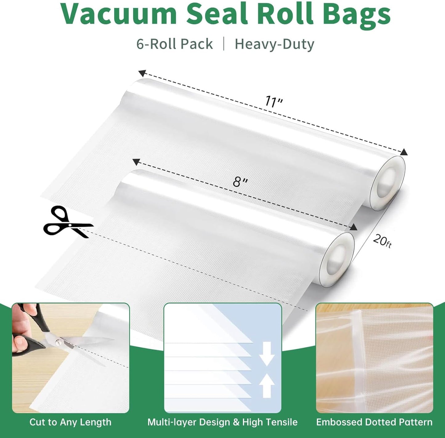 Aotto Vacuum Sealer Bags - 6 Pack Commercial Grade BPA-Free Food Storage Bags | 8"x20' & 11"x20'