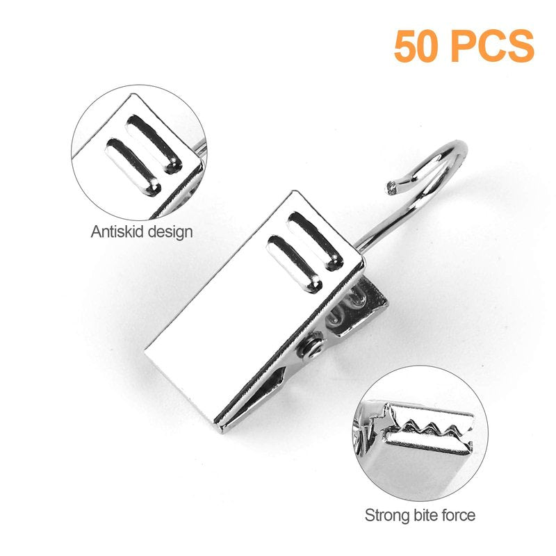 50 PCS Curtain Hooks Heavy Duty Clips, Stainless Steel Shower Curtain Clip with Hook for Vendor Display Supplies, Home Decoration, Hanging Photos, Art Craft Display (Silver)