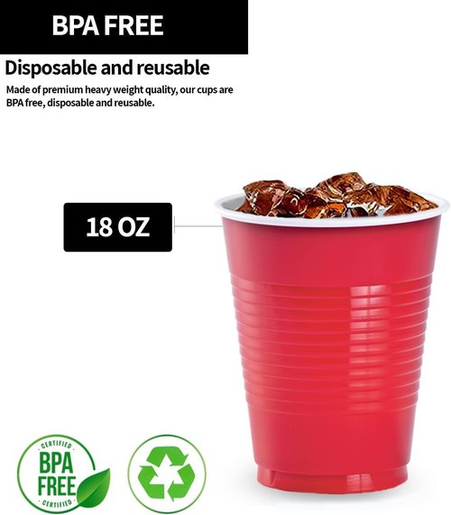 Hanna K. Signature Disposable Plastic Party Cups, Heavy-Duty 18 oz Red Cups, 50 Count