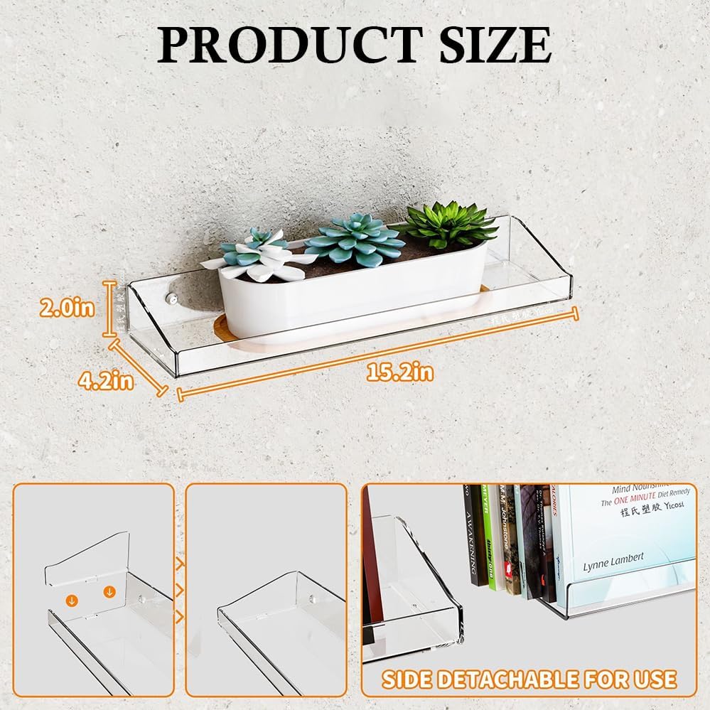 Skiennix Acrylic Floating Shelves - 15" Wall-Mounted Bookshelves for Farmhouse Decor | Ideal for Photos & Plants
