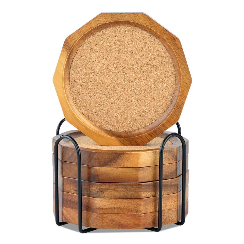 LiWiBet Wood Cork Coasters for Drinks Absorbent with Holder, 4.33in Decagonal Shape Acacia Wood Coaster Set Drink Coasters for Cups, Mugs, and Glasses - Handcrafted, Durable, and Stylish