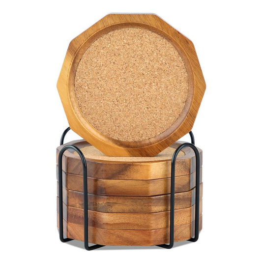LiWiBet Wood Cork Coasters for Drinks Absorbent with Holder, 4.33in Decagonal Shape Acacia Wood Coaster Set Drink Coasters for Cups, Mugs, and Glasses - Handcrafted, Durable, and Stylish