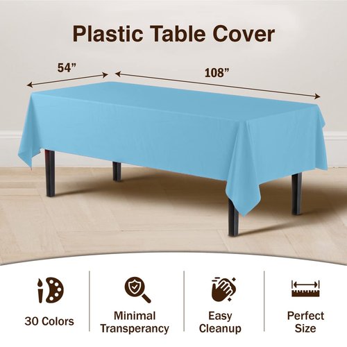 Exquisite Party Solids 6-Pack Premium Plastic Tablecloth 54in. x 108in. Rectangle Plastic Table Cover - Sky Blue