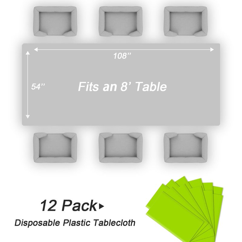 QIKSION Lime Green Plastic Table Cloth Disposable 12 Pack, 54 x 108 Inch Tablecloths for Party, Birthday, Halloween, Christmas Decorations, Rectangle Table Cover