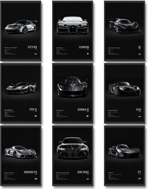 CSLGQGV Vintage Racing Car Canvas Prints - Supercar Wall Art for Men's Room Decor | Unframed 8x10 Inch, Set of 9