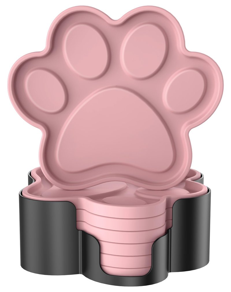 ME.FAN Silicone Coasters 6 Pack Paw Cup Mat with Holder, Dog Cat Paw Shape, for Hot or Cold Drink, Non-Slip, Non-Stick, Room Decor, Housewarming Dusty Rose