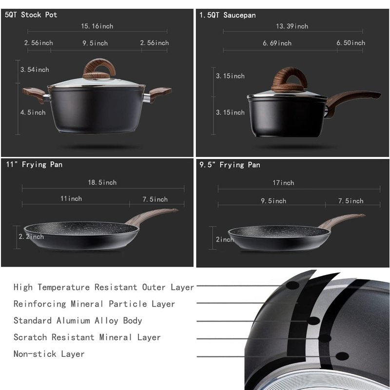 Vkoocy Pots and Pans Set Non Stick, Ceramic Cookware Set with Granite Pattern Kitchen Cooking Sets Induction Pot and Pan w/Frying Pans, Saucepans, Casserole, Non-Toxic, PTFE/PFOA/PFOS-Free, Black