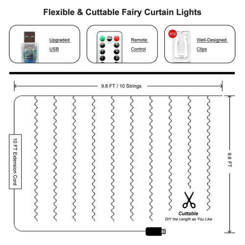 HOLITS 2 Pack 300 LED Fairy Curtain Lights, 9.8 x 9.8FT White USB Plug in 8 Modes String Hanging Lights with Remote for Christmas, Bedroom, Indoor, Outdoor, Weddings, Party (Cold White)