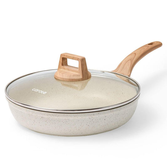 CAROTE 8 Inch Non Stick Frying Pan with Lid,White Granite Nonstick Skillet Omelet Pans, Egg Pan Granite Cookware, PFOS & PFOA Free
