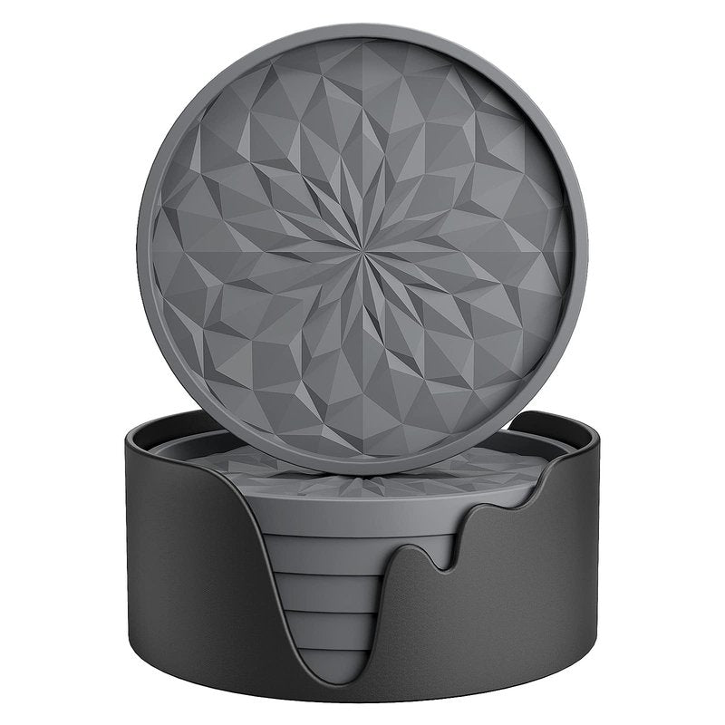 ME.FAN Silicone Coasters with Holder,[6 Pack] Drinking Coasters - Cup Mat for Hot or Cold Drinks, Thickened, Non-Slip, Non-stick,Deep Tray Dark Grey