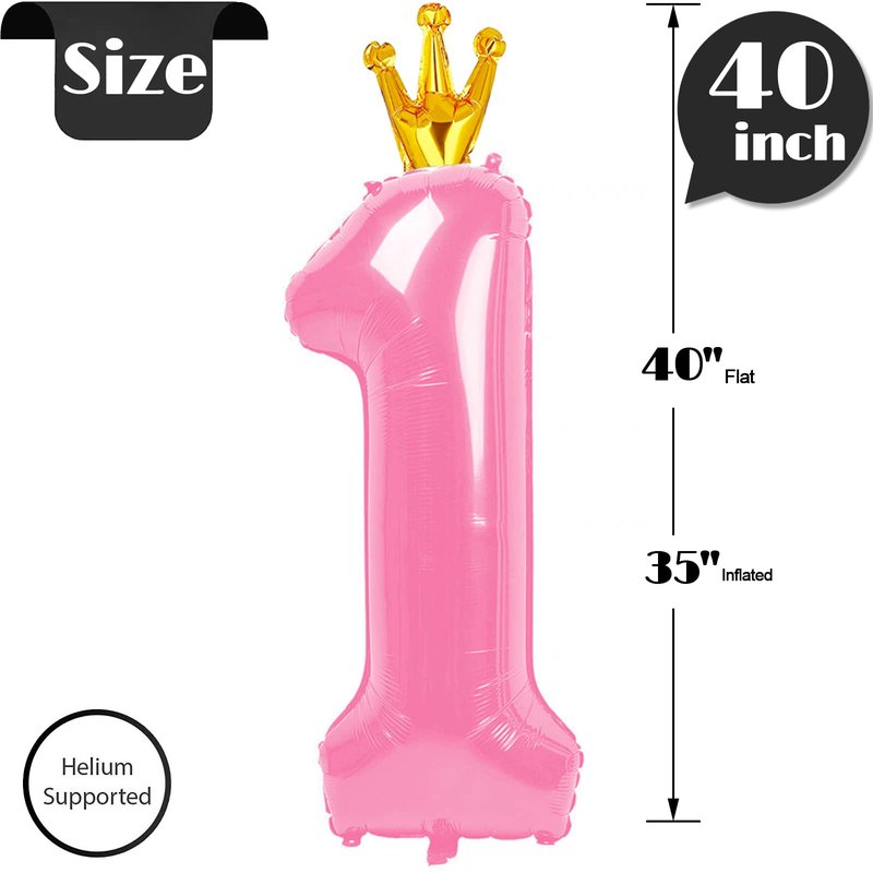 40 Inch Number Balloon 1 for First Birthday, One Giant Balloons, Pink Baby Girl 1st Birthday Decorations, 1 16 18 21 Bday Balloons