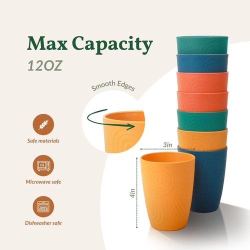 Homienly Wheat Straw Cups, Premium Alternative to Plastic Cup Set of 8, Unbreakable Lightweight Drinking Cups for Kitchen, Outdoor, RV, Microwave and Dishwasher Safe Drinking Glasses(12 OZ, Multi)