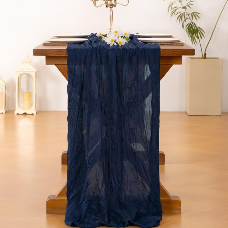 Socomi Navy Blue Summer Cheesecloth Table Runner Boho Rustic Gauze 120 inch 10FT Cheese Cloth Sheer Runner for Wedding Party Baby Shower Birthday Home Decor Holiday Decorations