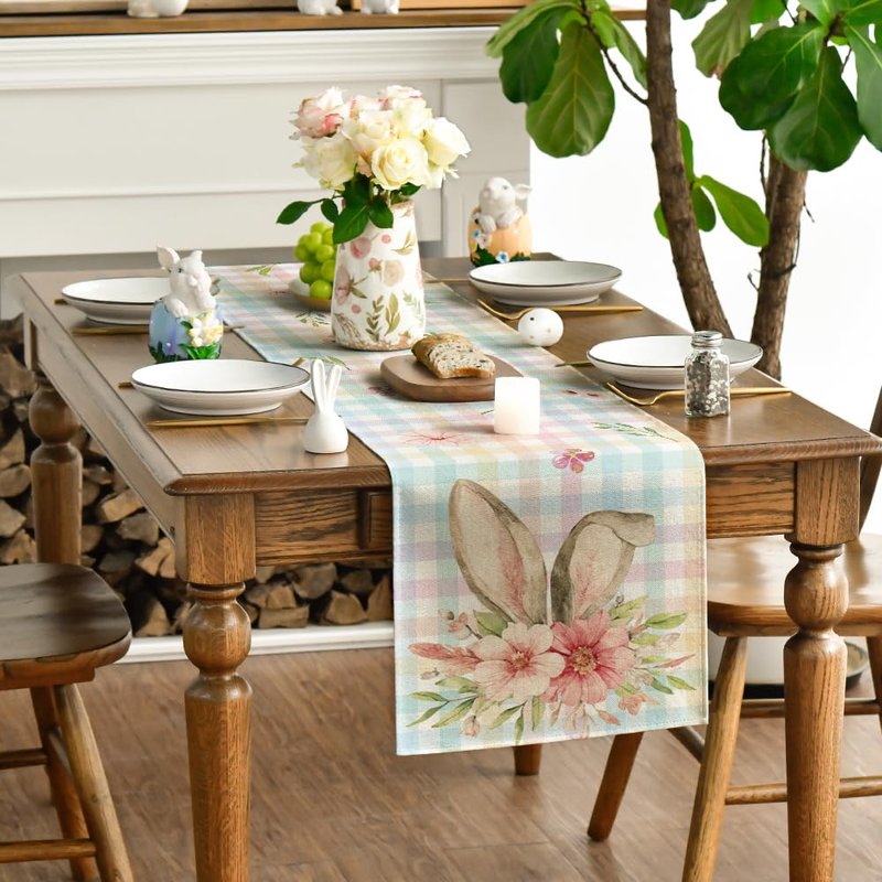 Artoid Mode Colourful Buffalo Plaid Bunny Ears Flower Easter Table Runner, Spring Seasonal Holiday Kitchen Dining Table Decoration for Home Party Decor 13 x 72 Inch