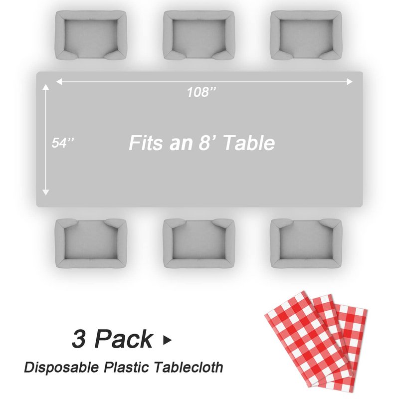 QIKSION Red Gingham Tablecloth Disposable 3 Pack, 54 x 108 Inch Red and White Checkered Table Cloth for Picnic, Outdoor BBQ Decorations, Birthday Party Supplies, Rectangle, Plastic Table Cover